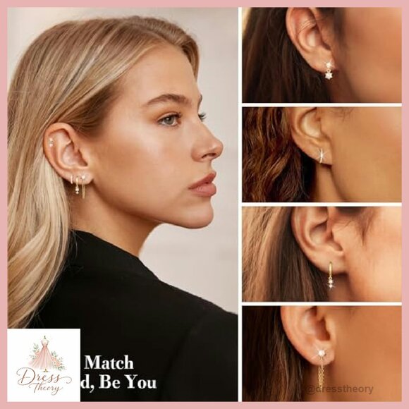 18K Gold Plated Pearl Stud Huggie Hoop Dangle Chain Earring Stack Set - Picture 4 of 8